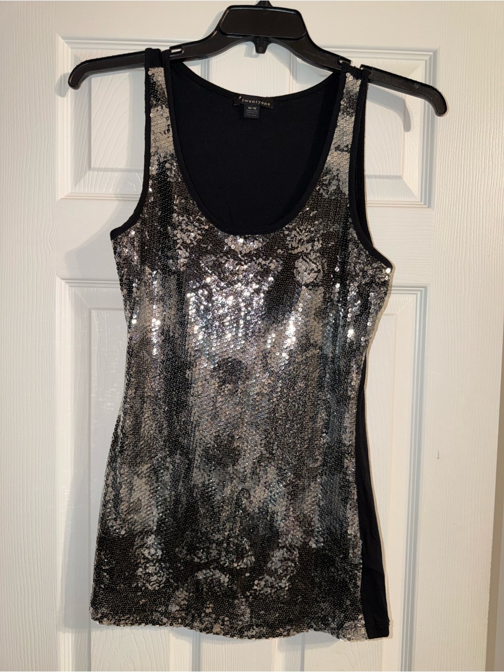 VTG 2000s Forever 21 Sequin Tank Top M Silver Black Y2K Clubwear